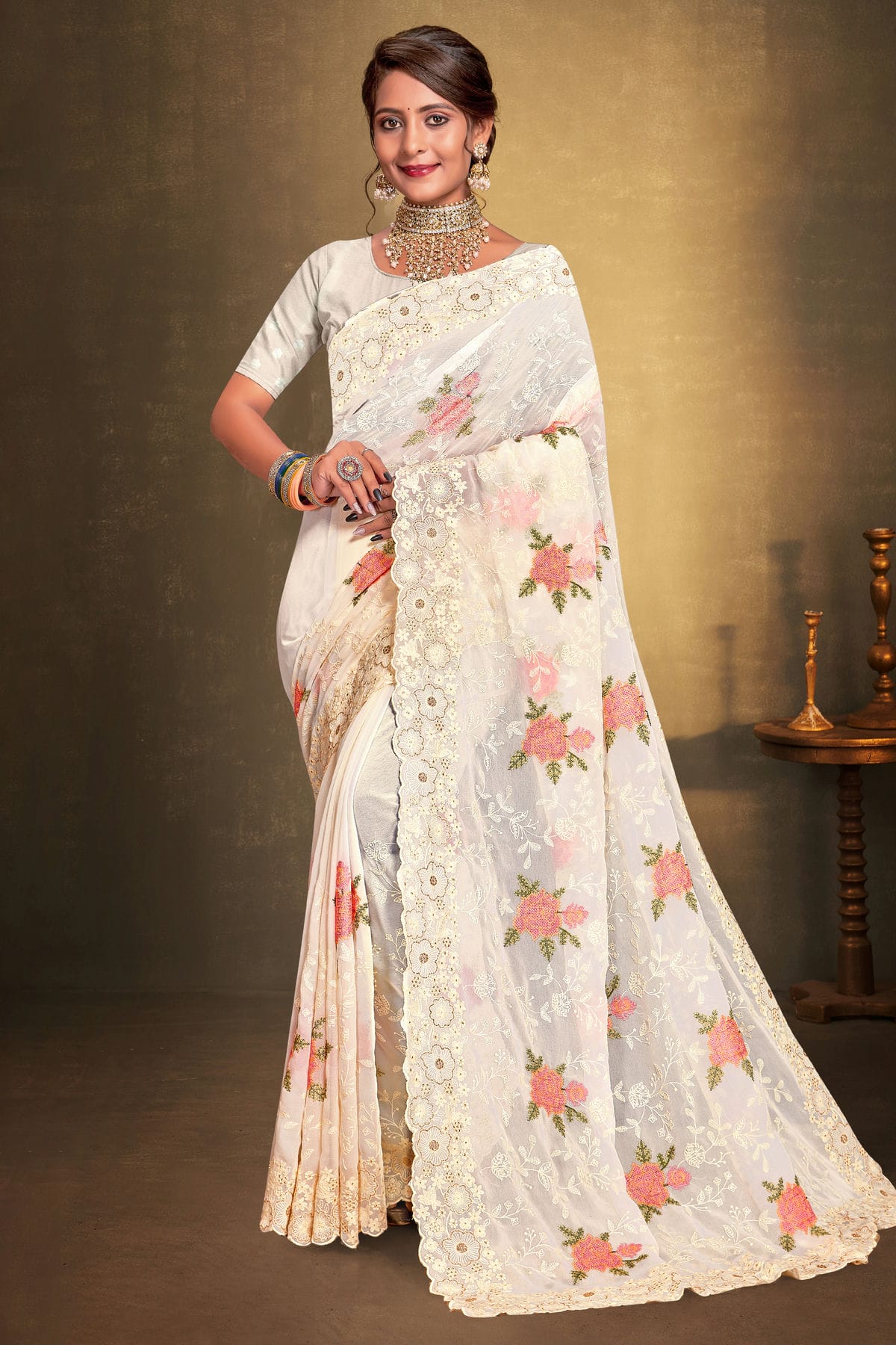 Off White Colour Georgette Designer Saree