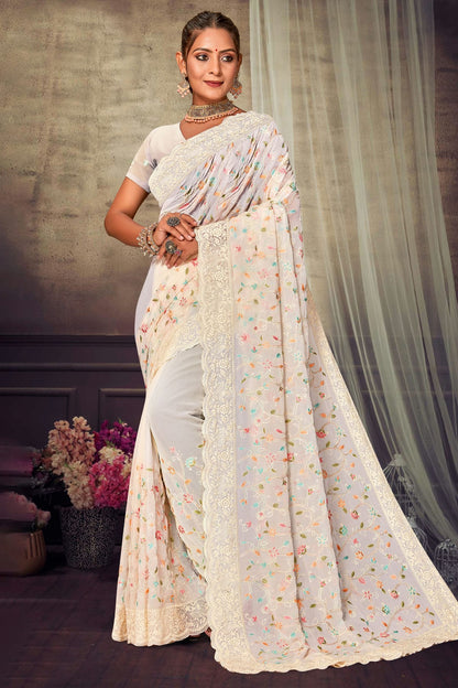 Off White Colour Georgette Designer Saree