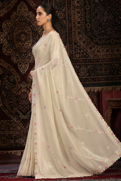 Off White Colour Georgette Designer Saree