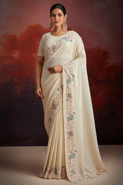 Off White Colour Georgette Designer Saree