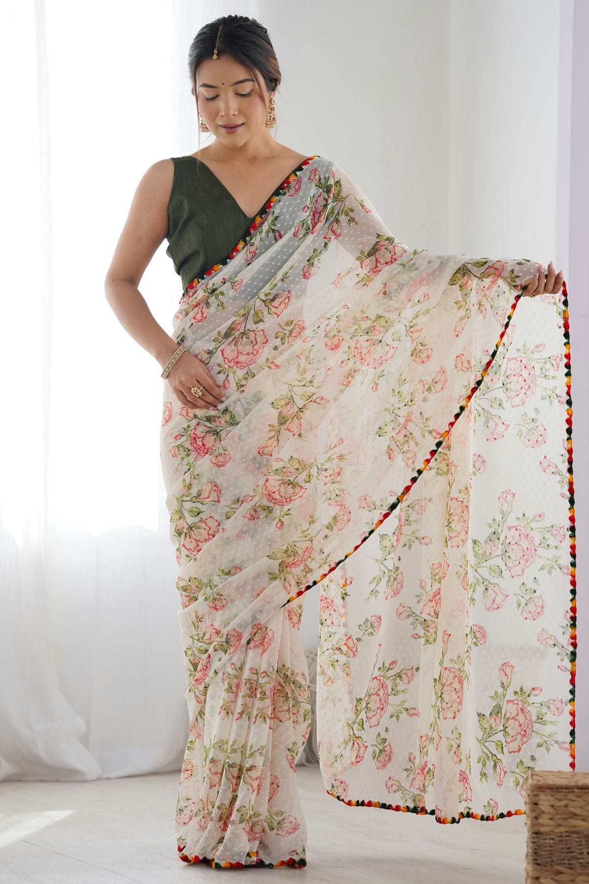 Off White Colour Georgette Printed Saree