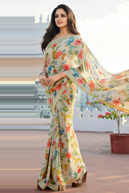 Off White Colour Georgette Printed Saree