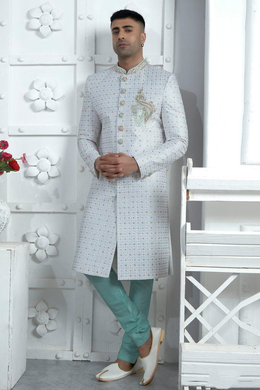 Off White Colour Georgette Sherwani With Churidar Pant