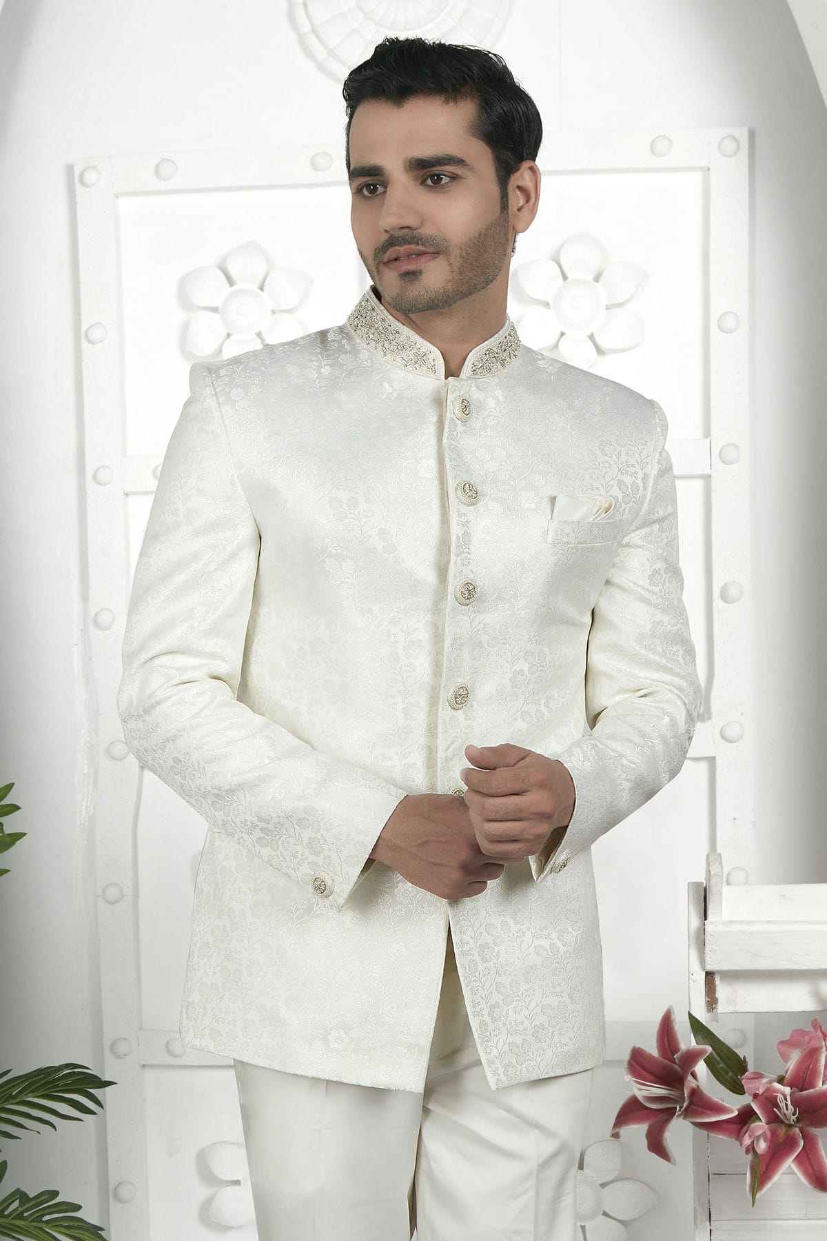 Off White Colour Jacquard Silk Jodhpuri Jacket VSJP1230102