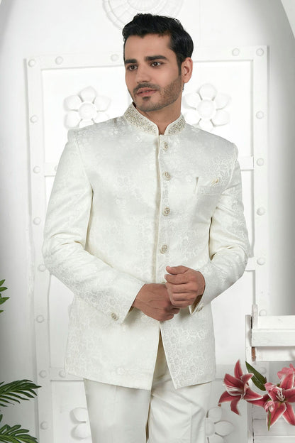 Off White Colour Jacquard Silk Jodhpuri Jacket VSJP1230102