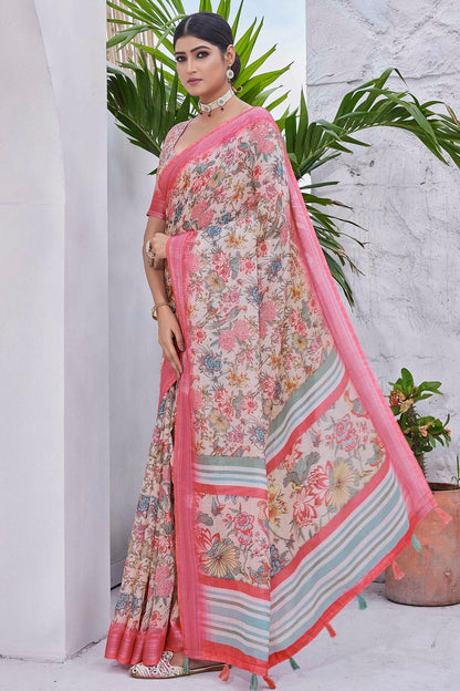 Off White Colour Linen Blend Printed Saree