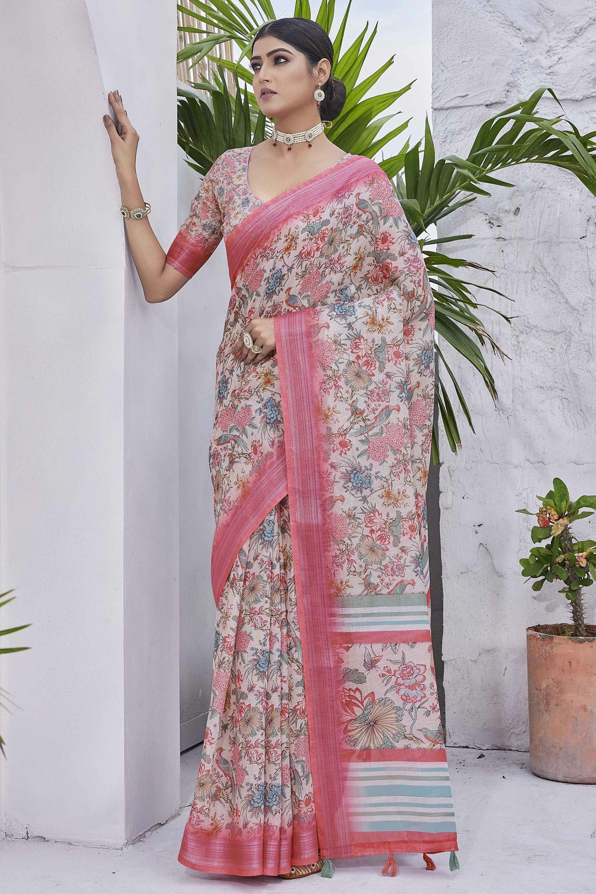 Off White Colour Linen Blend Printed Saree