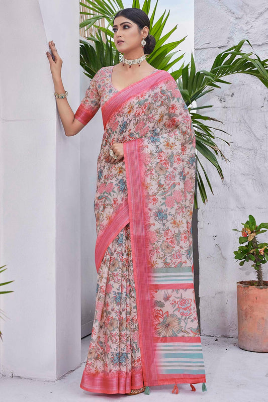 Off White Colour Linen Blend Printed Saree