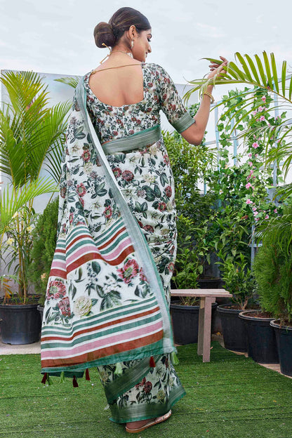 Off White Colour Linen Blend Printed Saree