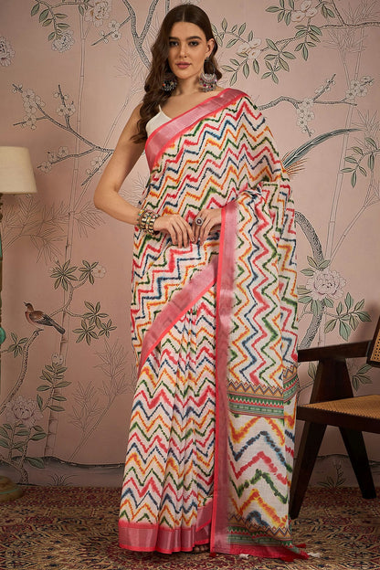 Off White Colour Linen Blend Printed Saree