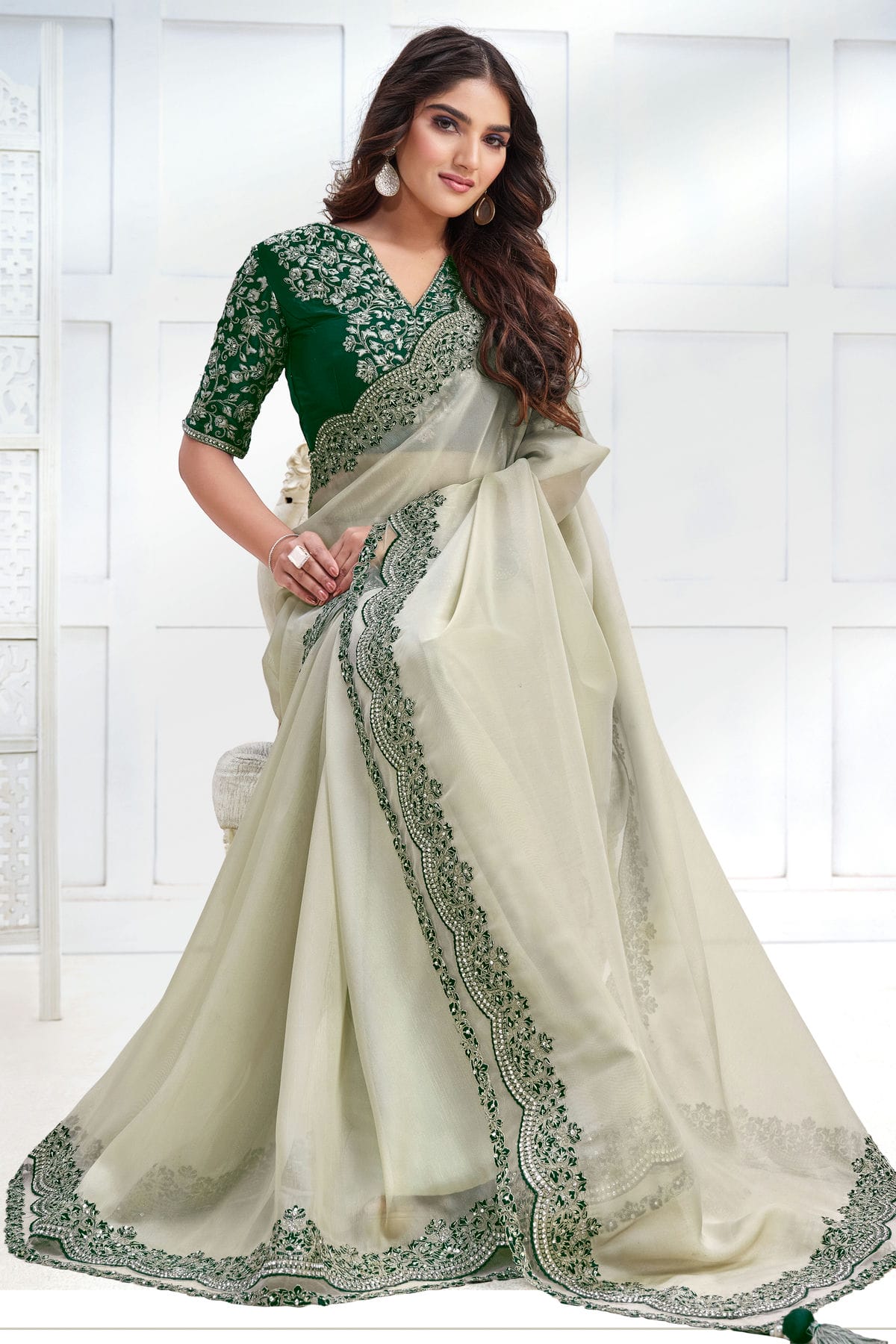 Off White Colour Net Organza Georgette Designer Saree