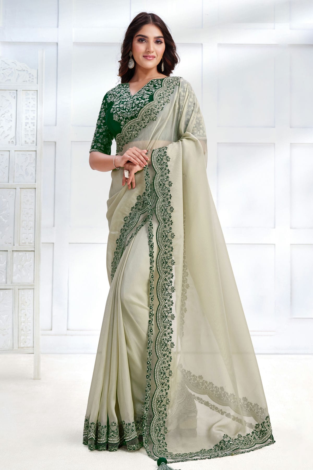 Off White Colour Net Organza Georgette Designer Saree