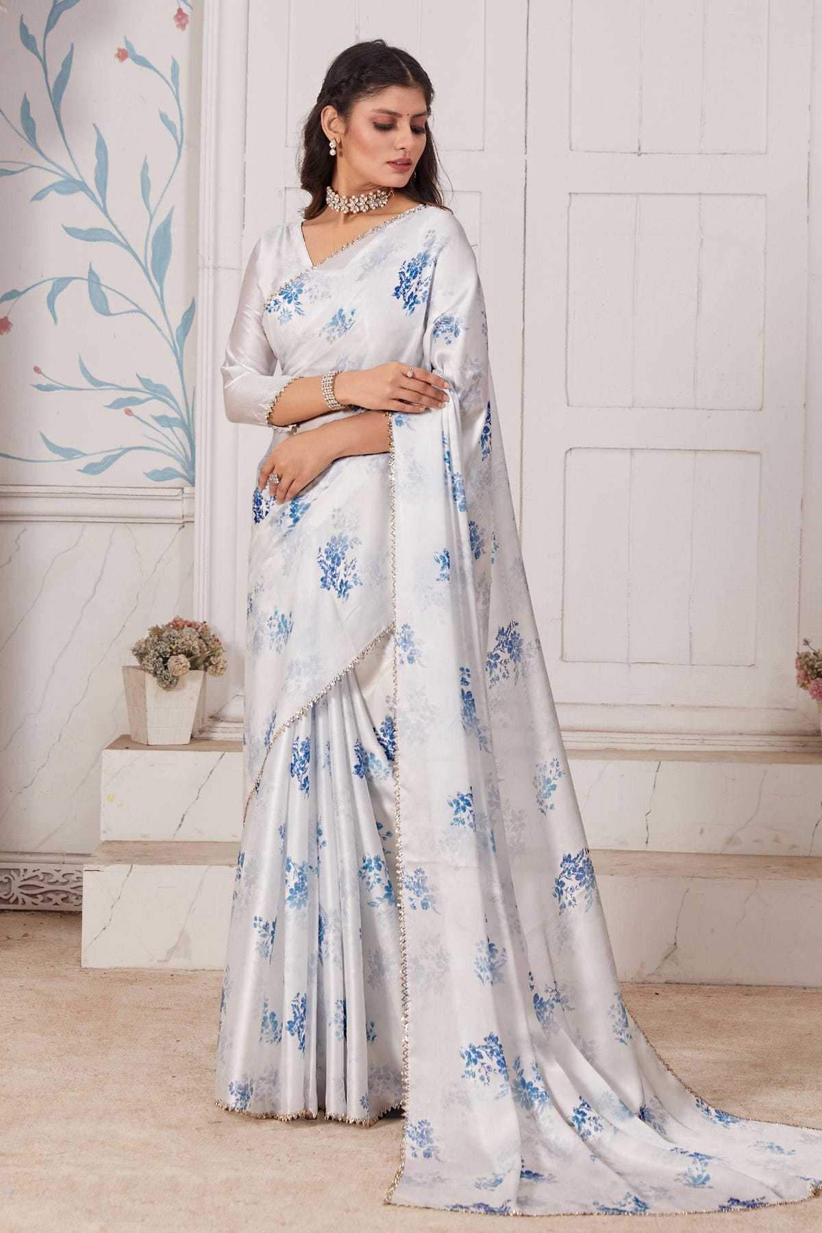 Off White Colour Pure Satin Designer Saree