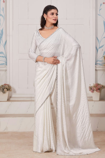 Off White Colour Pure Satin Designer Saree