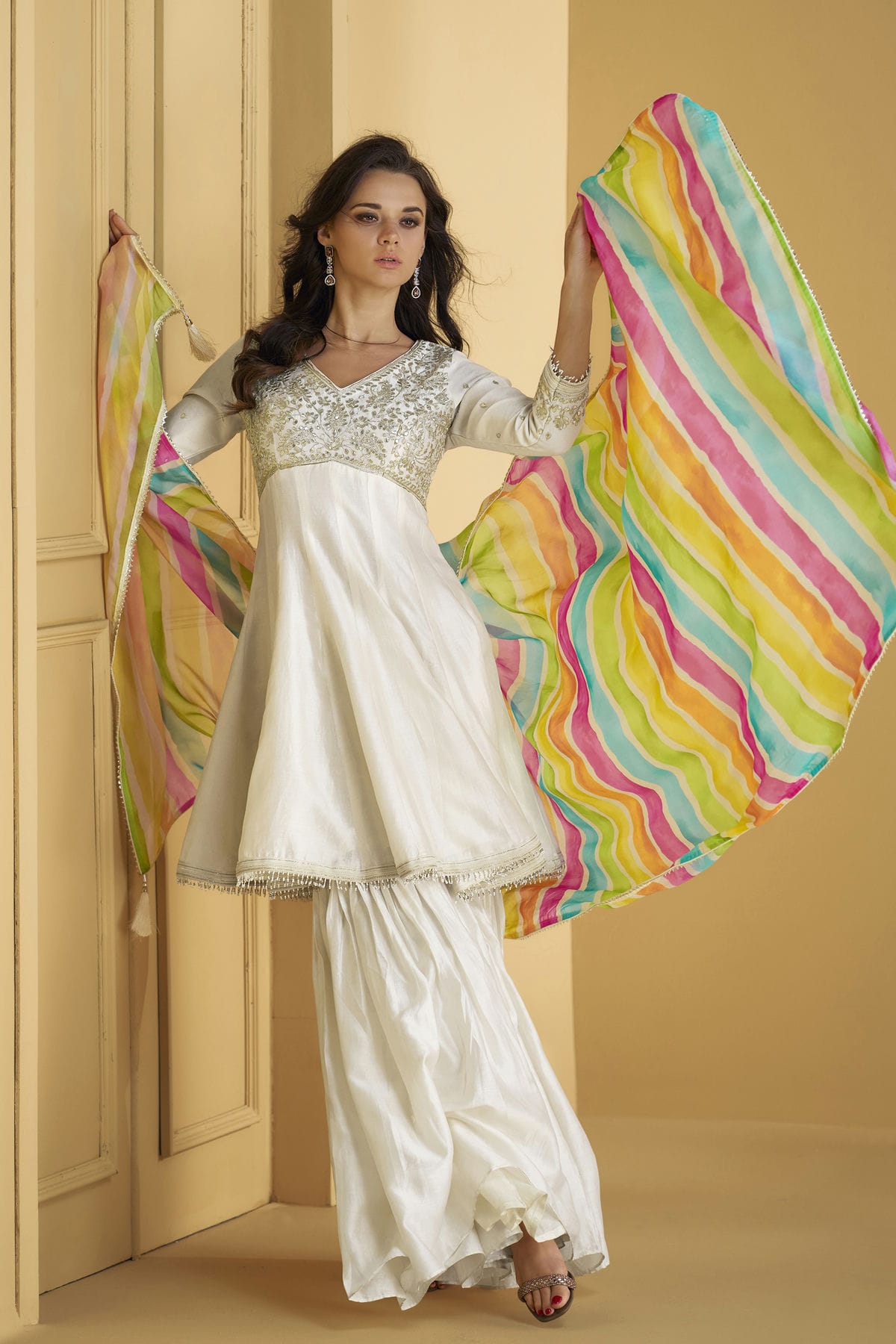 Off White Colour Pure Silk Sharara Suit