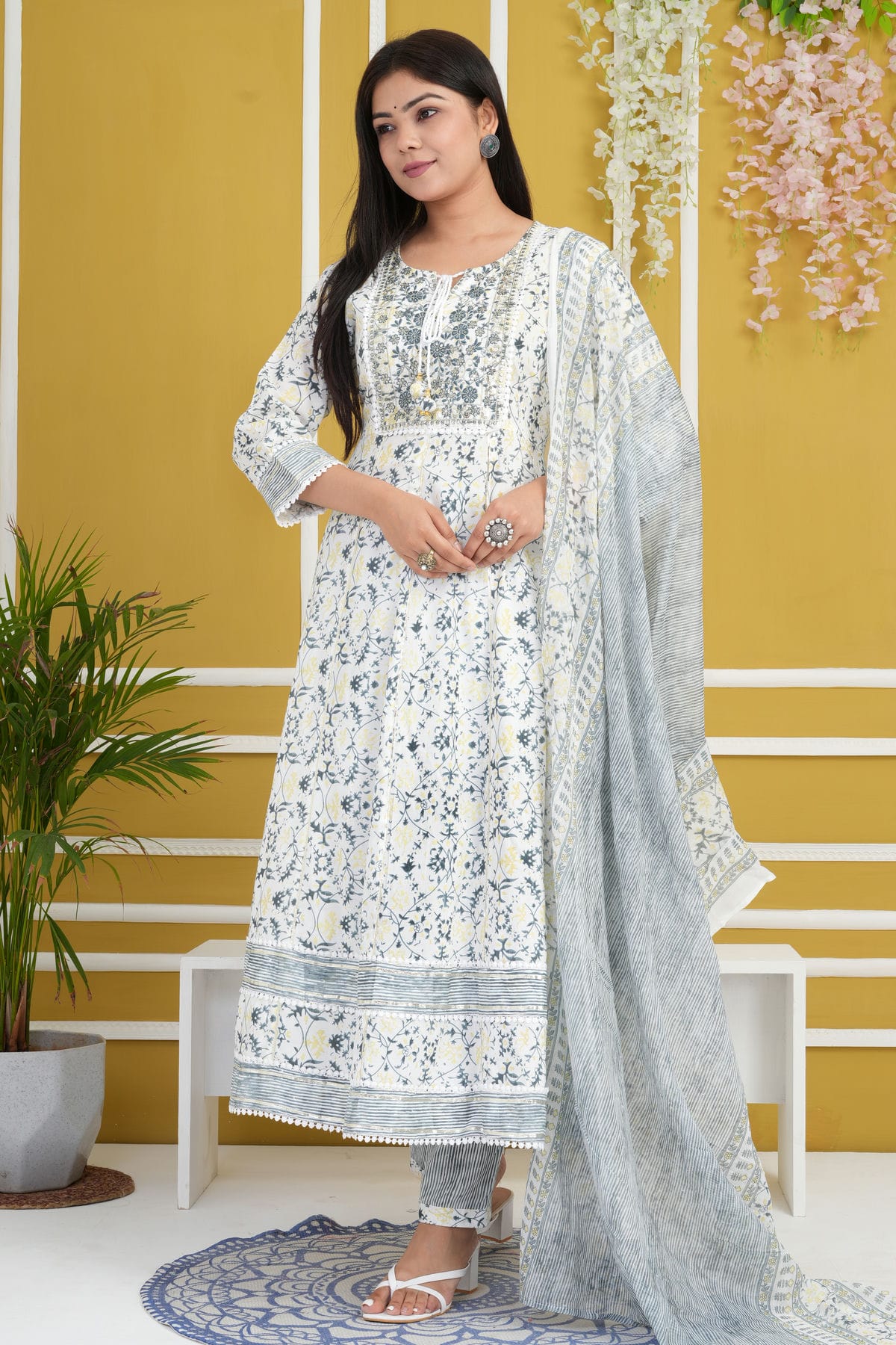 Off White Colour Rayon Cotton Readymade Anarkali Suit