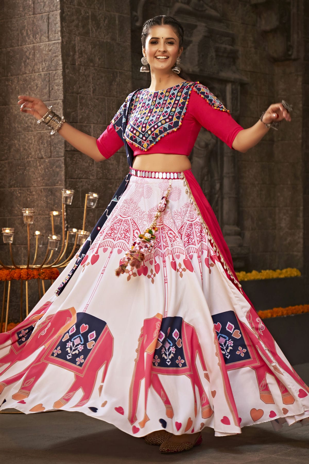 Off White Colour Rayon Navratri Lehenga