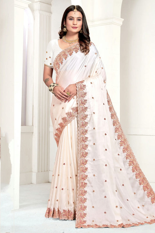 Off White Colour Satin Designer Saree