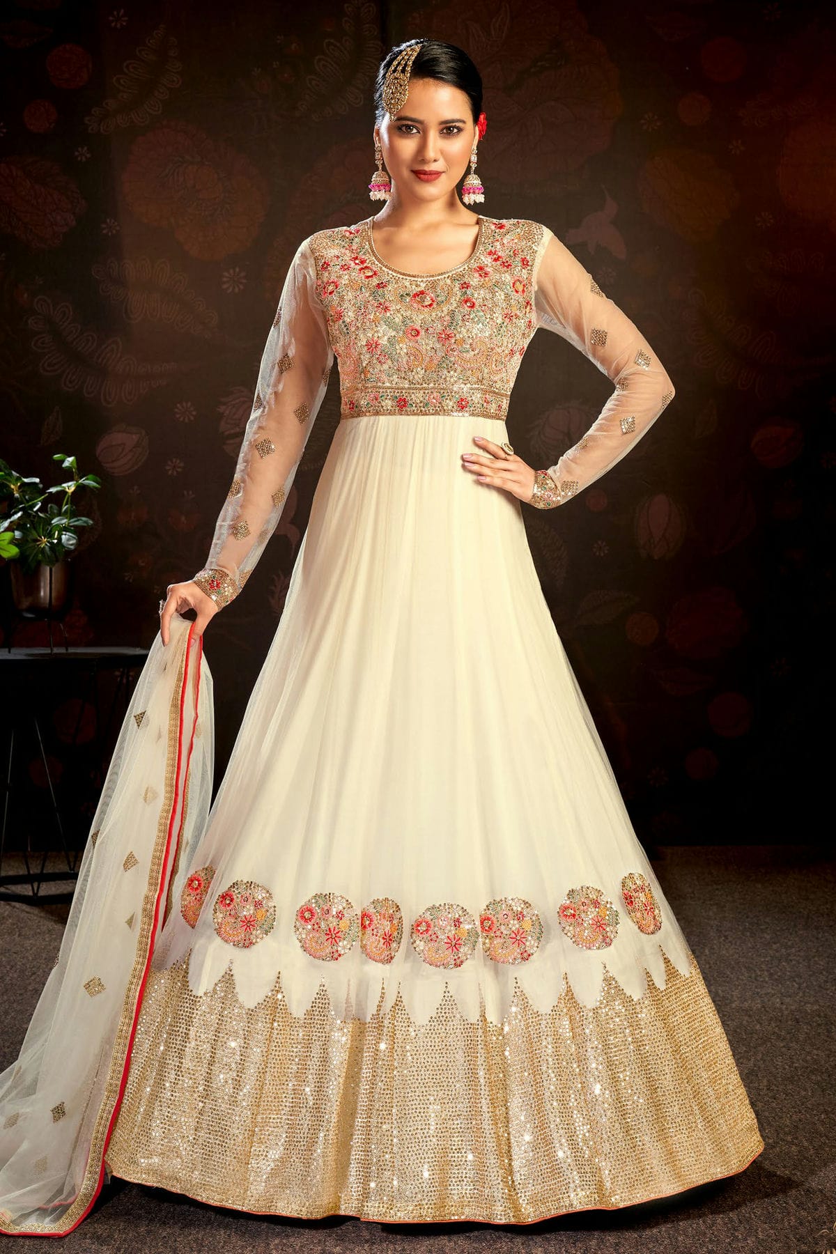 Off White Colour Semi Stitched Butterfly Net Anarkali Suit