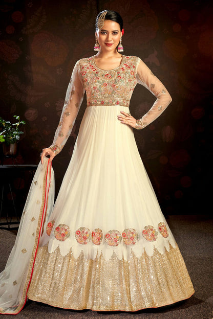 Off White Colour Semi Stitched Butterfly Net Anarkali Suit