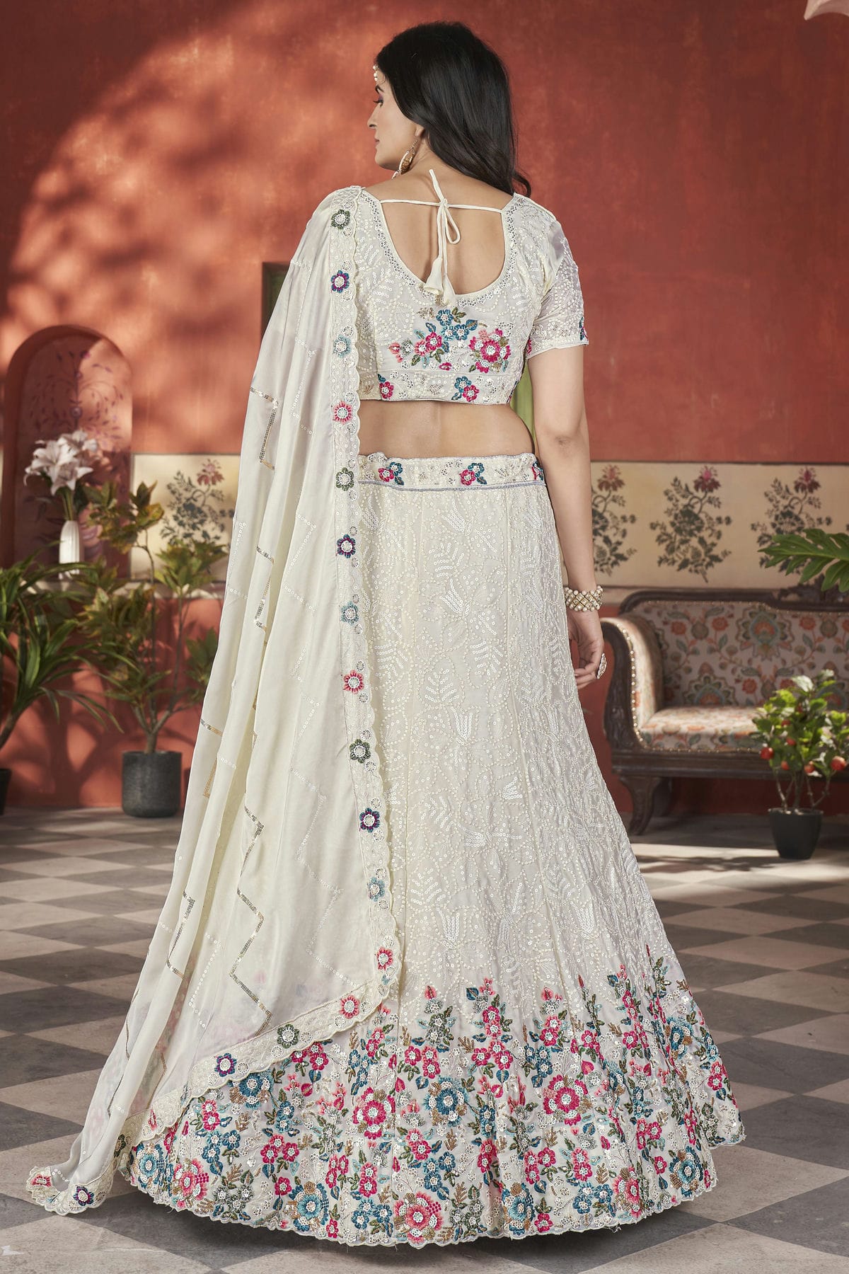 Off White Colour Semi Stitched Chinon Lehenga Choli VSLC1112525