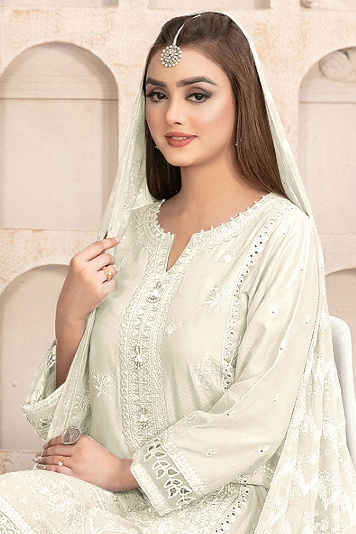 Off White Colour Semi Stitched Faux Georgette Pakistani Suit