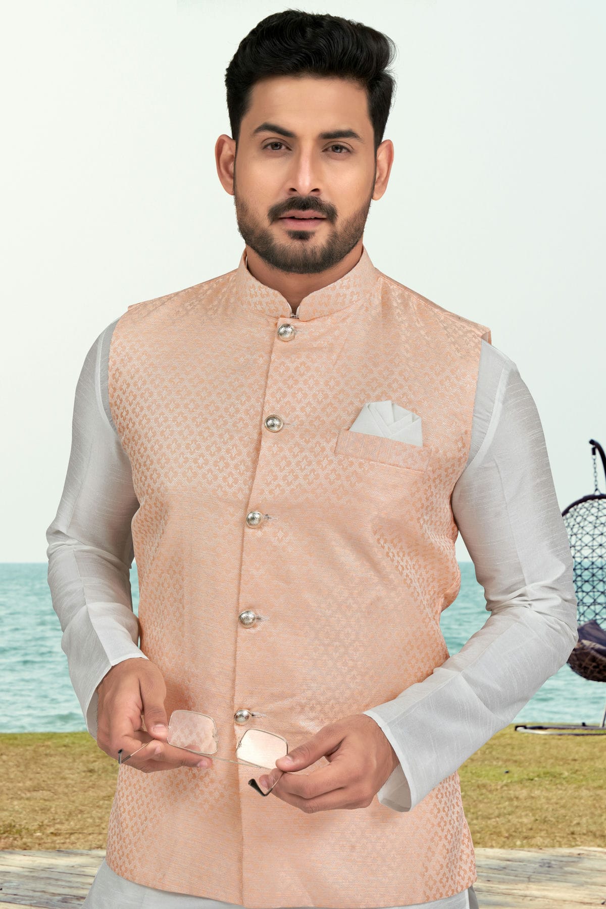 Off White Colour Silk Dhupion Jacket Kurta Pajama