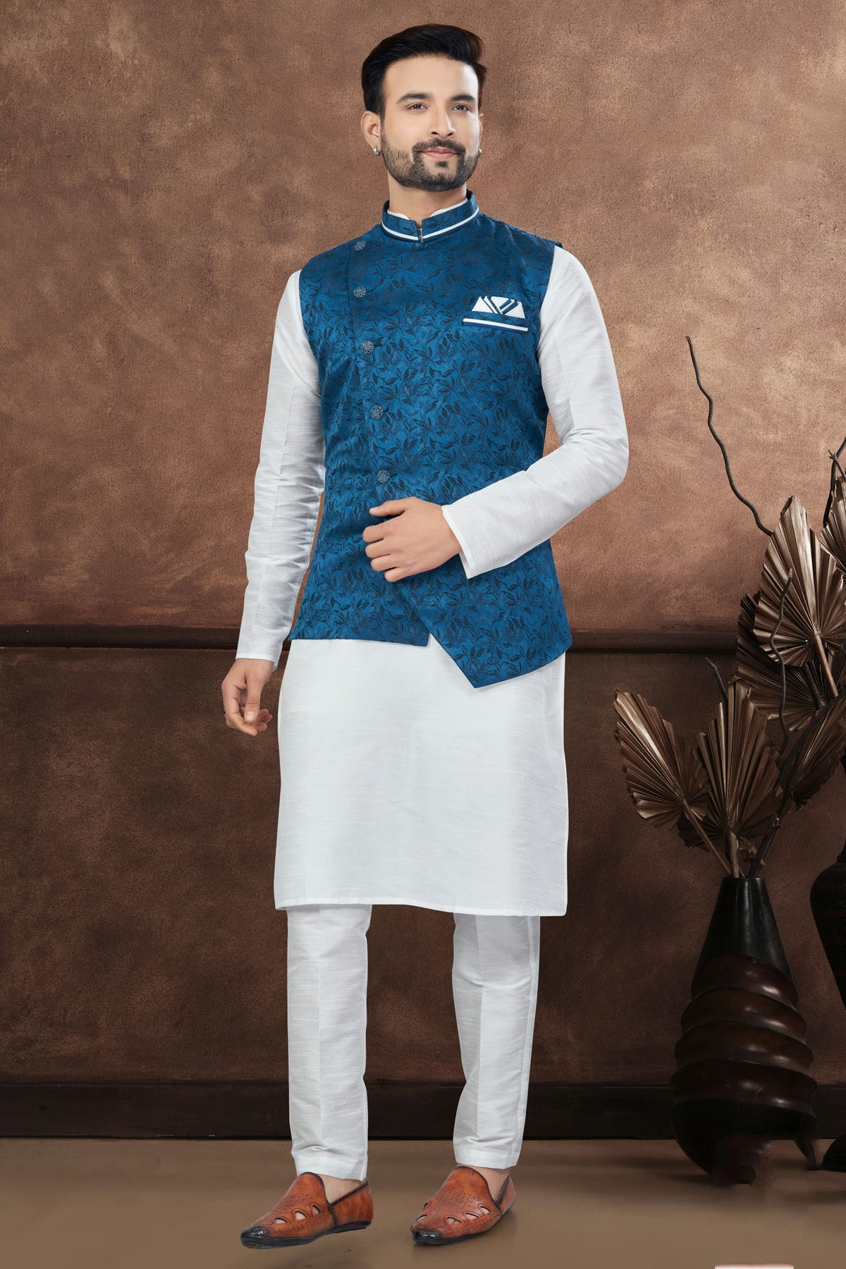 Off White Colour Silk Dupion Jacket Kurta Pajama