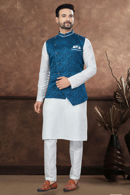 Off White Colour Silk Dupion Jacket Kurta Pajama