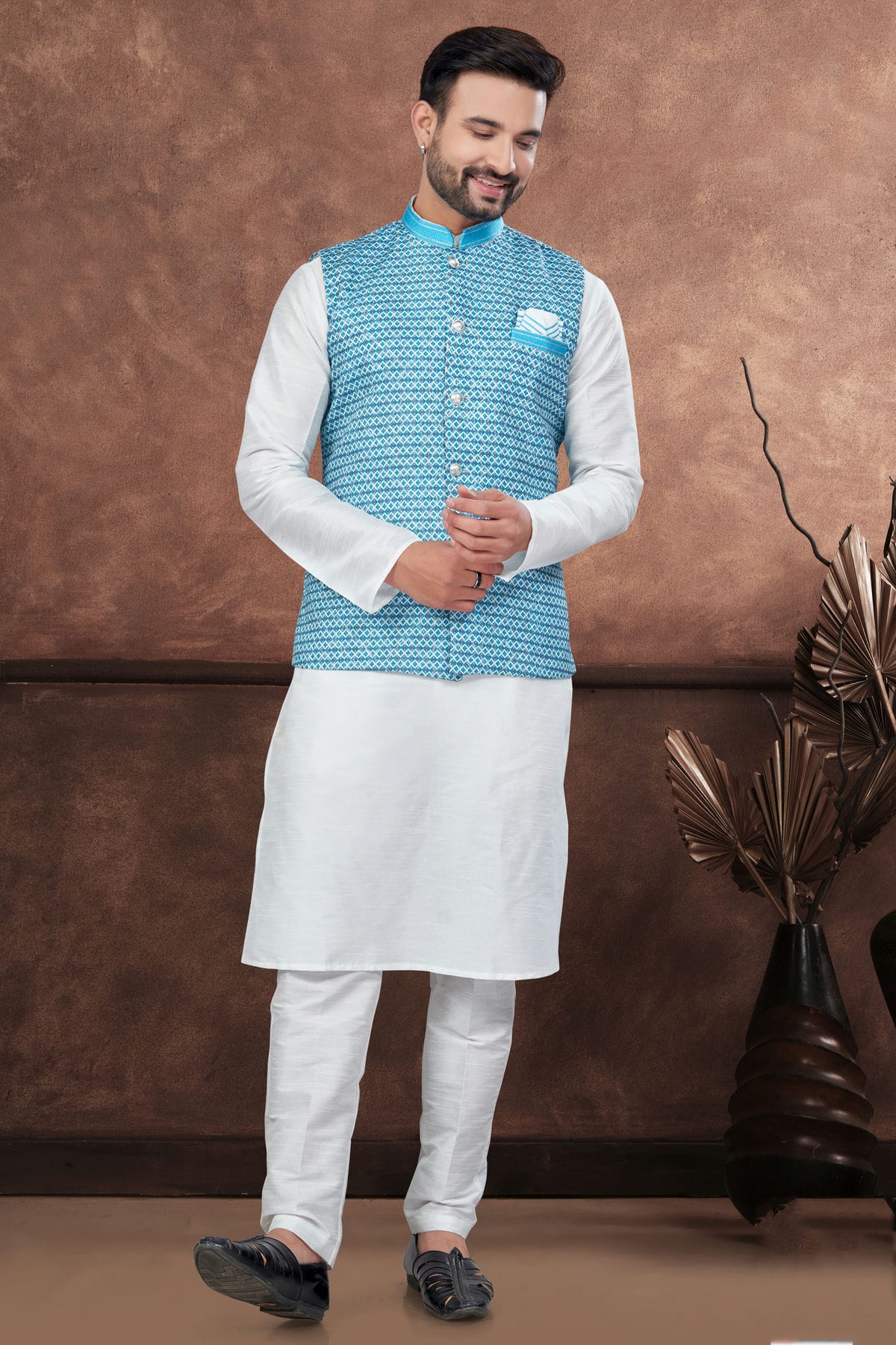 Off White Colour Silk Dupion Jacket Kurta Pajama