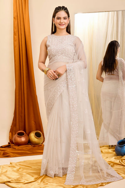 Off White Colour Soft Net Saree