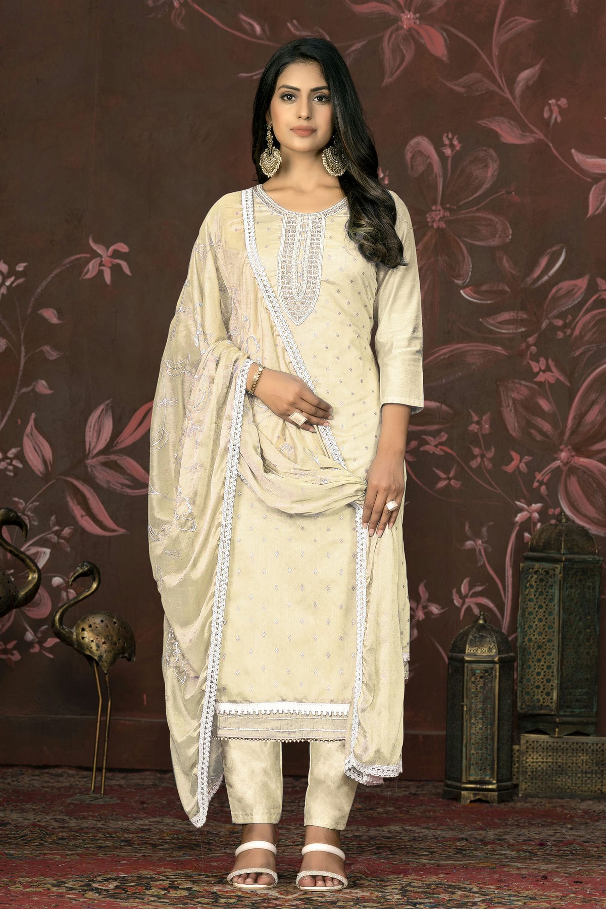 Off White Colour Unstitched Modal Cotton Pant Style Suit