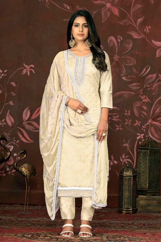 Off White Colour Unstitched Modal Cotton Pant Style Suit