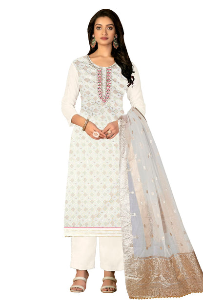 Off White Colour Unstitched Modal Silk Fabric Straight Suit