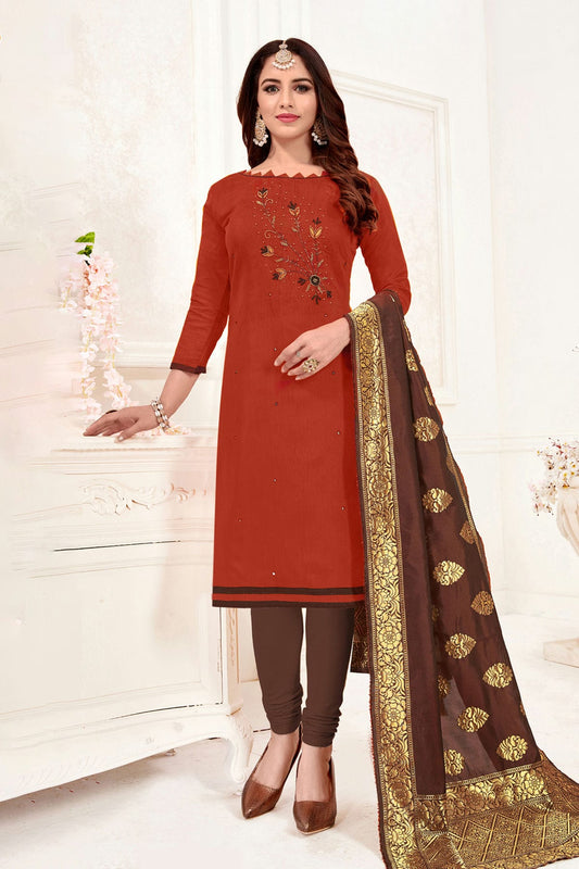 Olive Brown Colour Unstitched Slub Cotton Churidar Suit