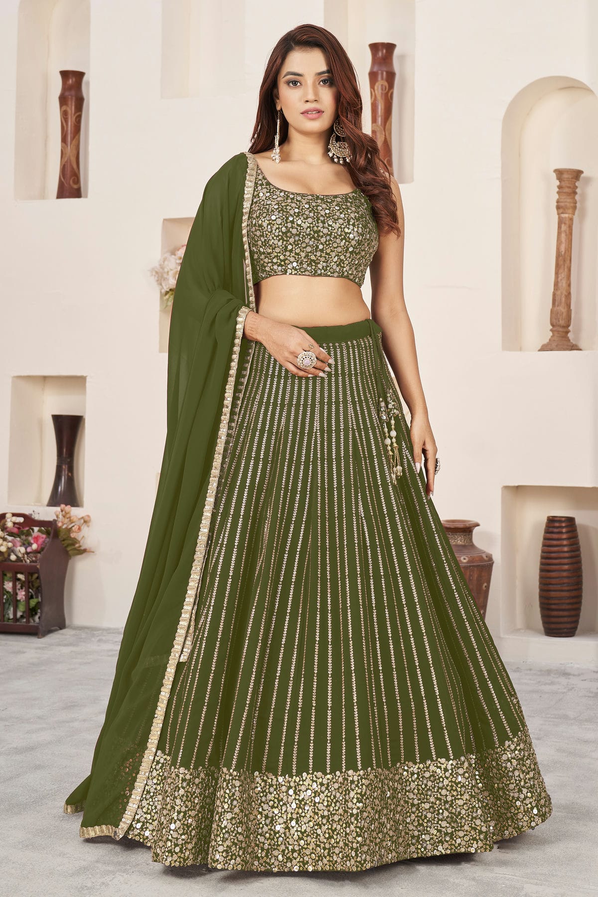 Olive Green Colour Georgette Lehenga Choli