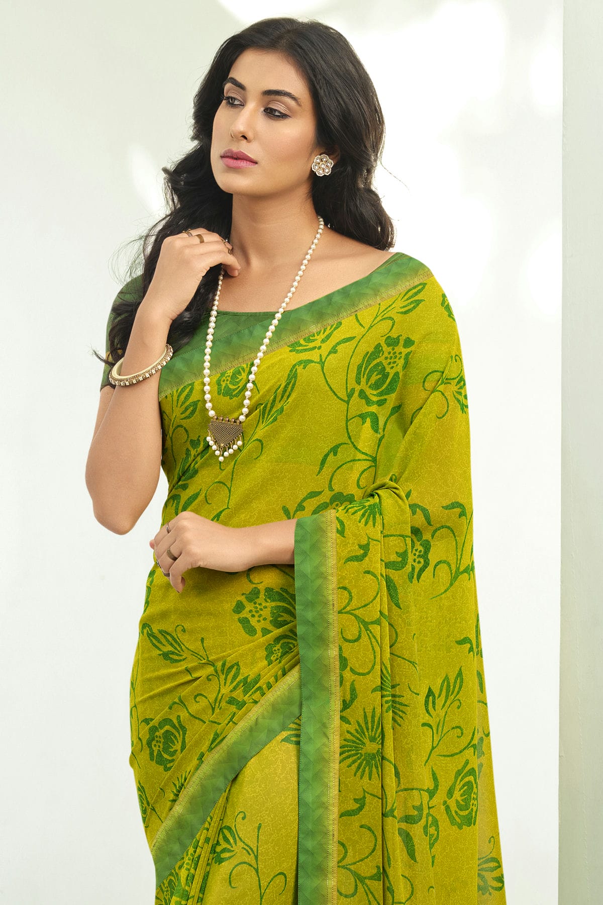 Olive Green Colour Georgette Printed Saree