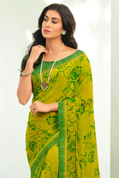 Olive Green Colour Georgette Printed Saree