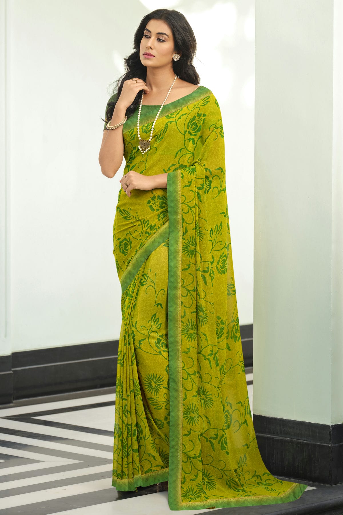 Olive Green Colour Georgette Printed Saree