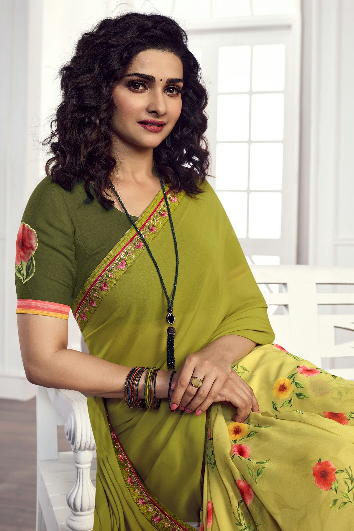 Olive Green Colour Georgette Printed Saree