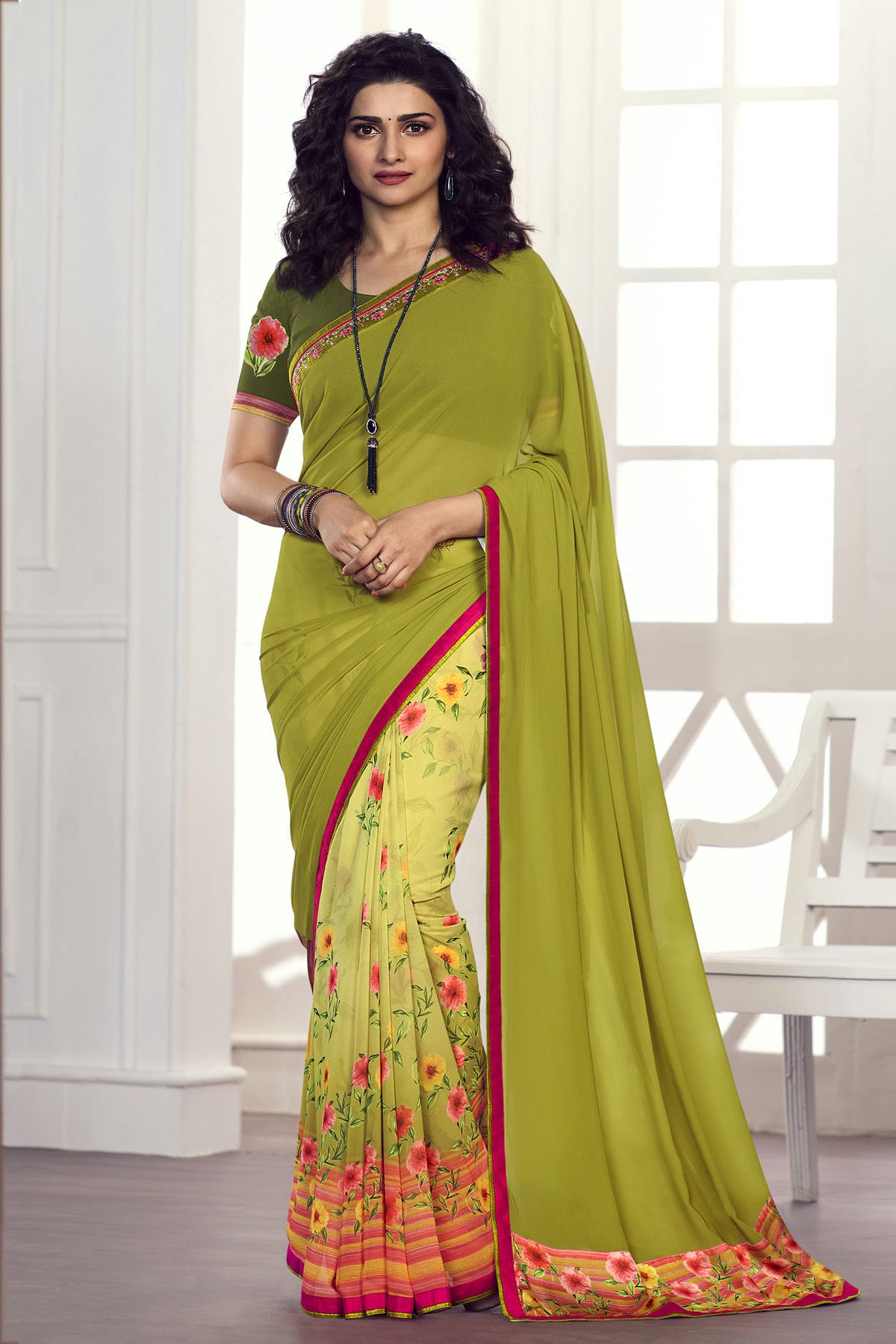 Olive Green Colour Georgette Printed Saree