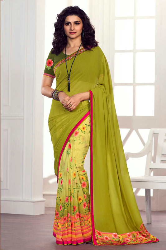 Olive Green Colour Georgette Printed Saree