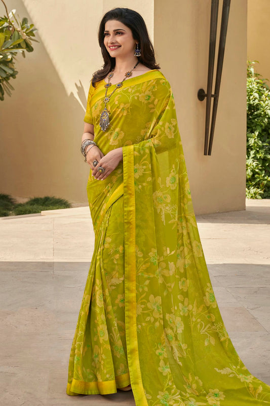 Olive Green Colour Georgette Printed Saree