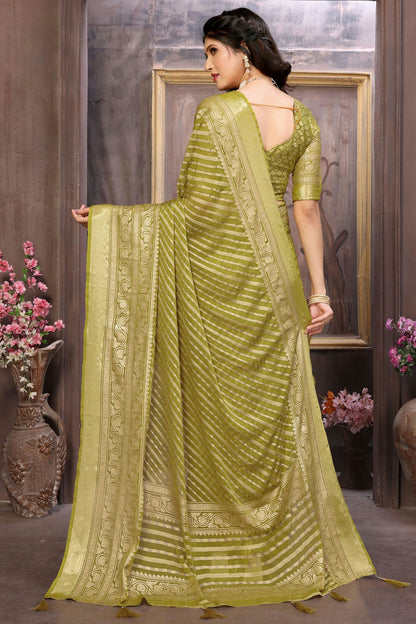 Olive Green Colour Moss Brasso Traditional Saree