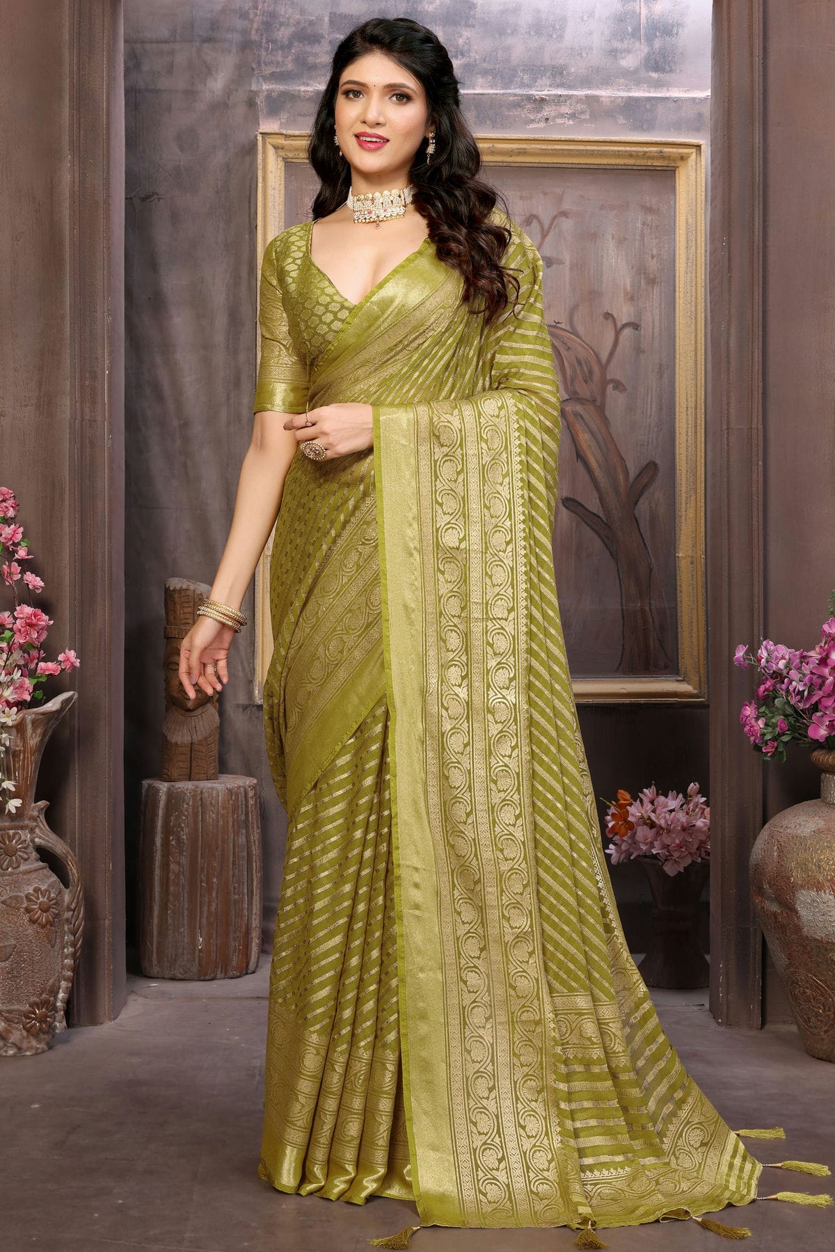 Olive Green Colour Moss Brasso Traditional Saree