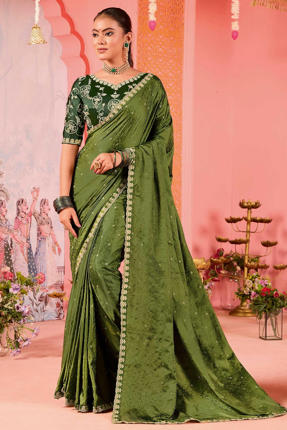 Olive Green Colour Satin Jacquard Designer Saree