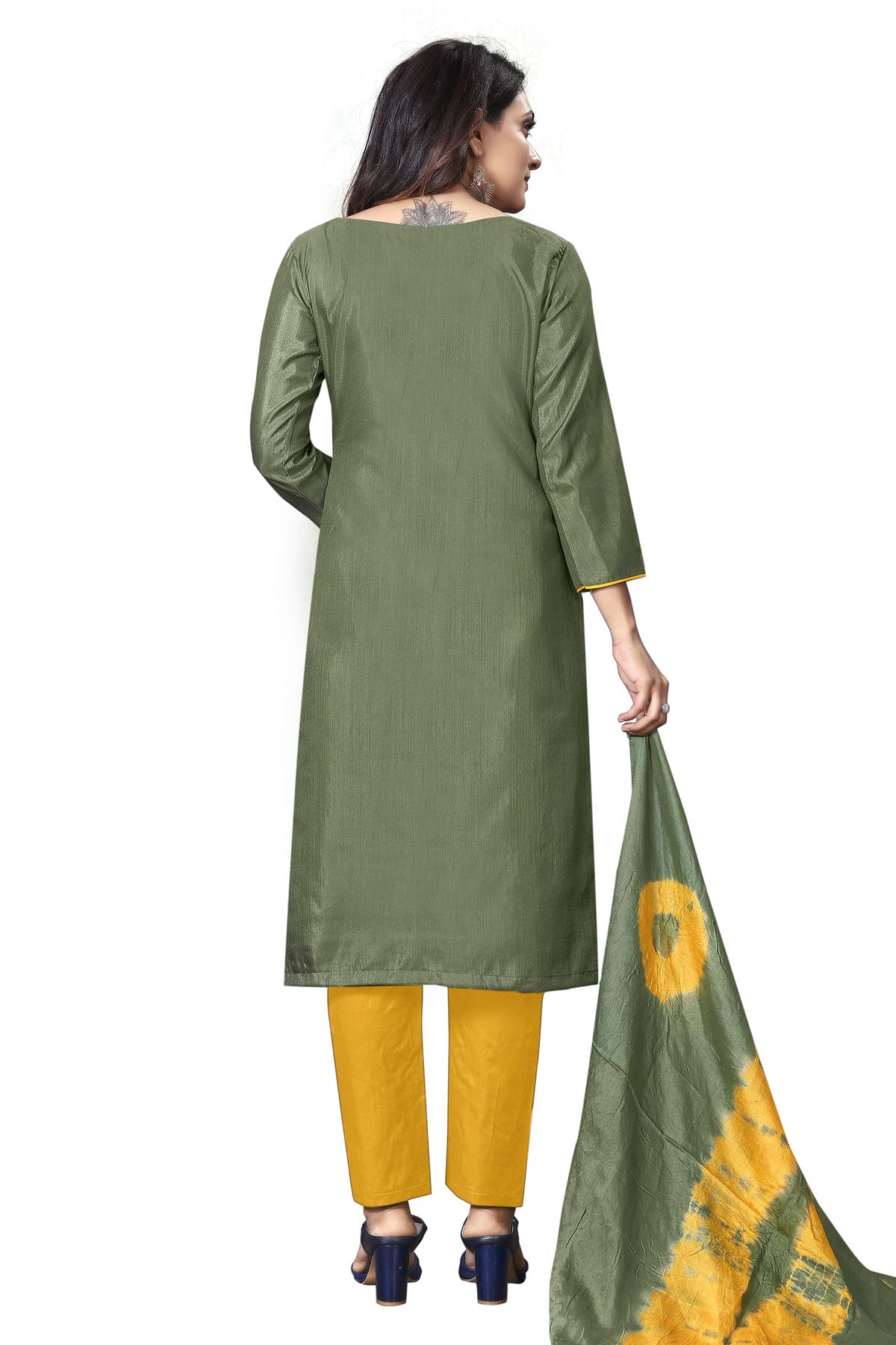 Olive Green Colour Unstitched Silk Straight Suit