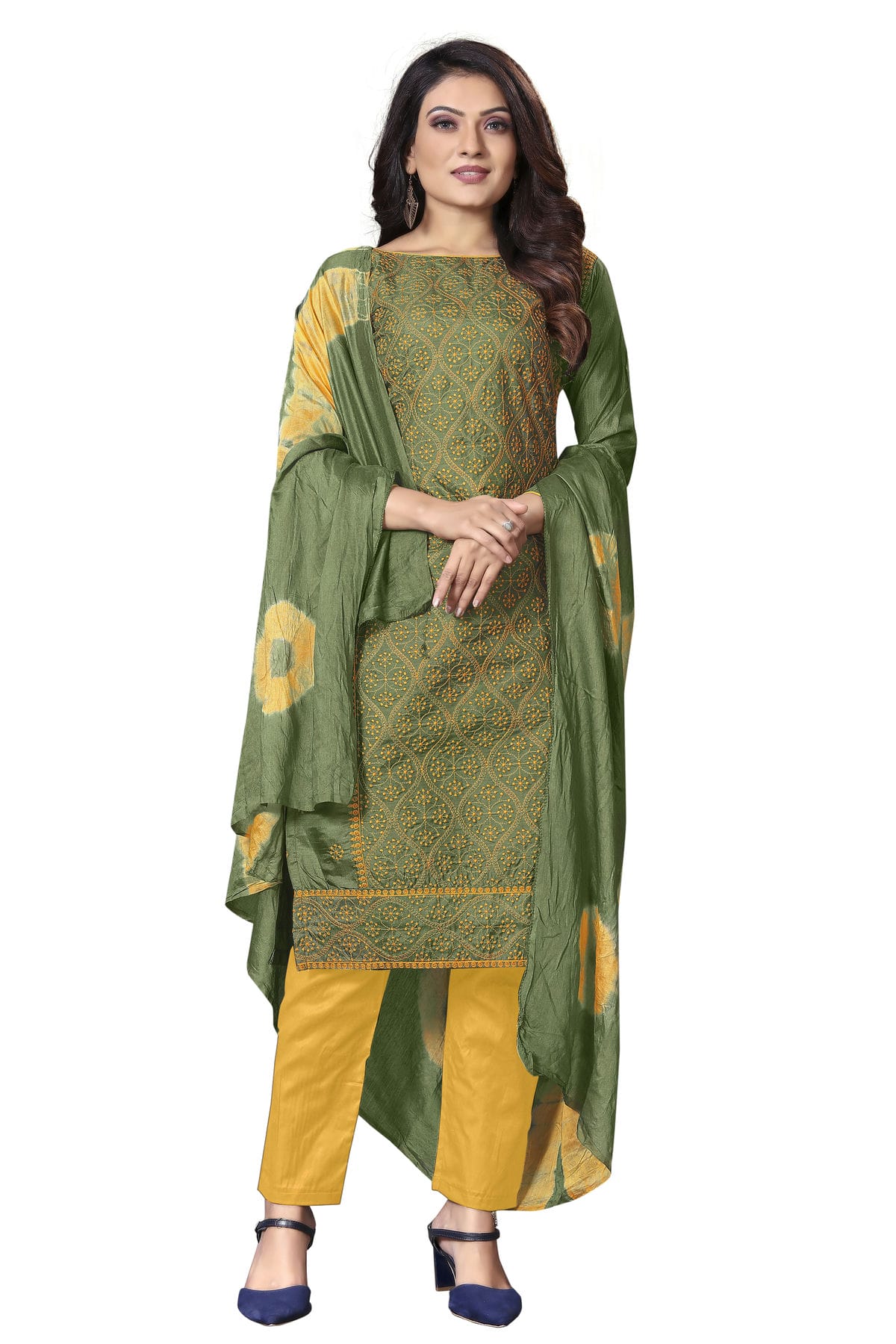 Olive Green Colour Unstitched Silk Straight Suit