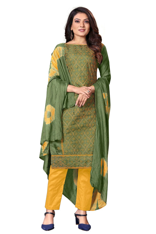 Olive Green Colour Unstitched Silk Straight Suit