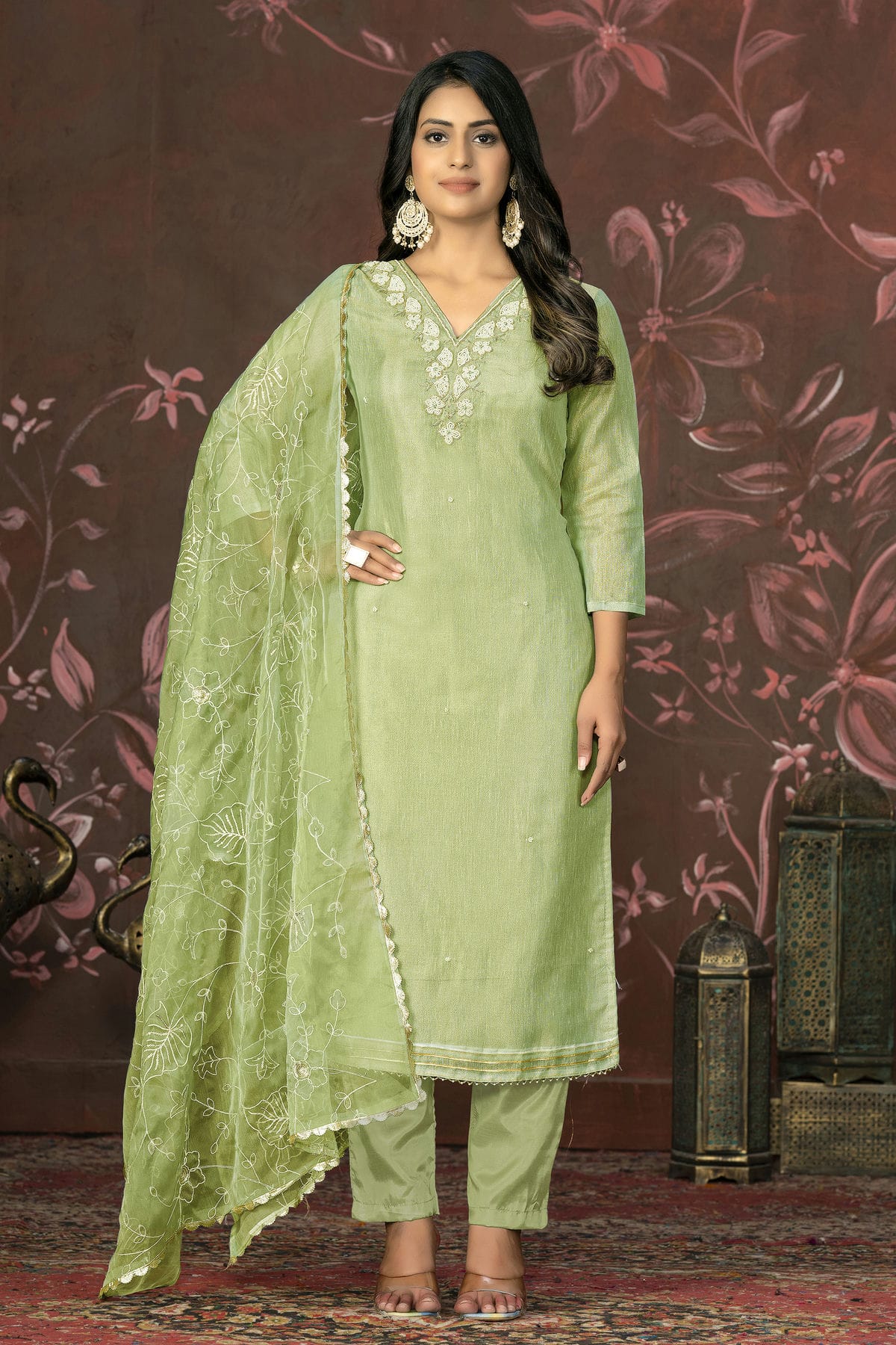 Olive Green Colour Unstitched Simmar Cotton Pant Style Suit